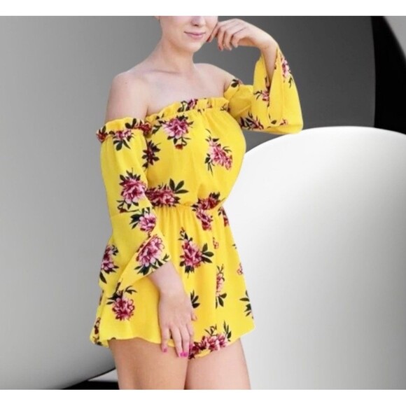 Toxik3 Pants - Toxik3‎ Yellow Floral Off The Shoulder Long Sleeve Romper Size XL